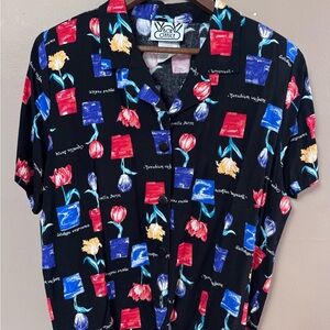 Vintage “Box Office” Black Floral Tulip Pot Print Button Down Shirt - Women’s L